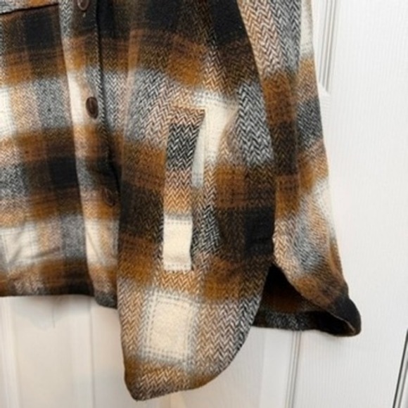 Unisex Plaid Shacket Oversized Button Up Shirt Jacket Brown Cream XL Cozy Rustic - Picture 5 of 9